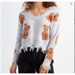 Just Polly Frayed Teddy Bear Sweater-Large-Cropped-Relaxed Fit-Factory Destroyed